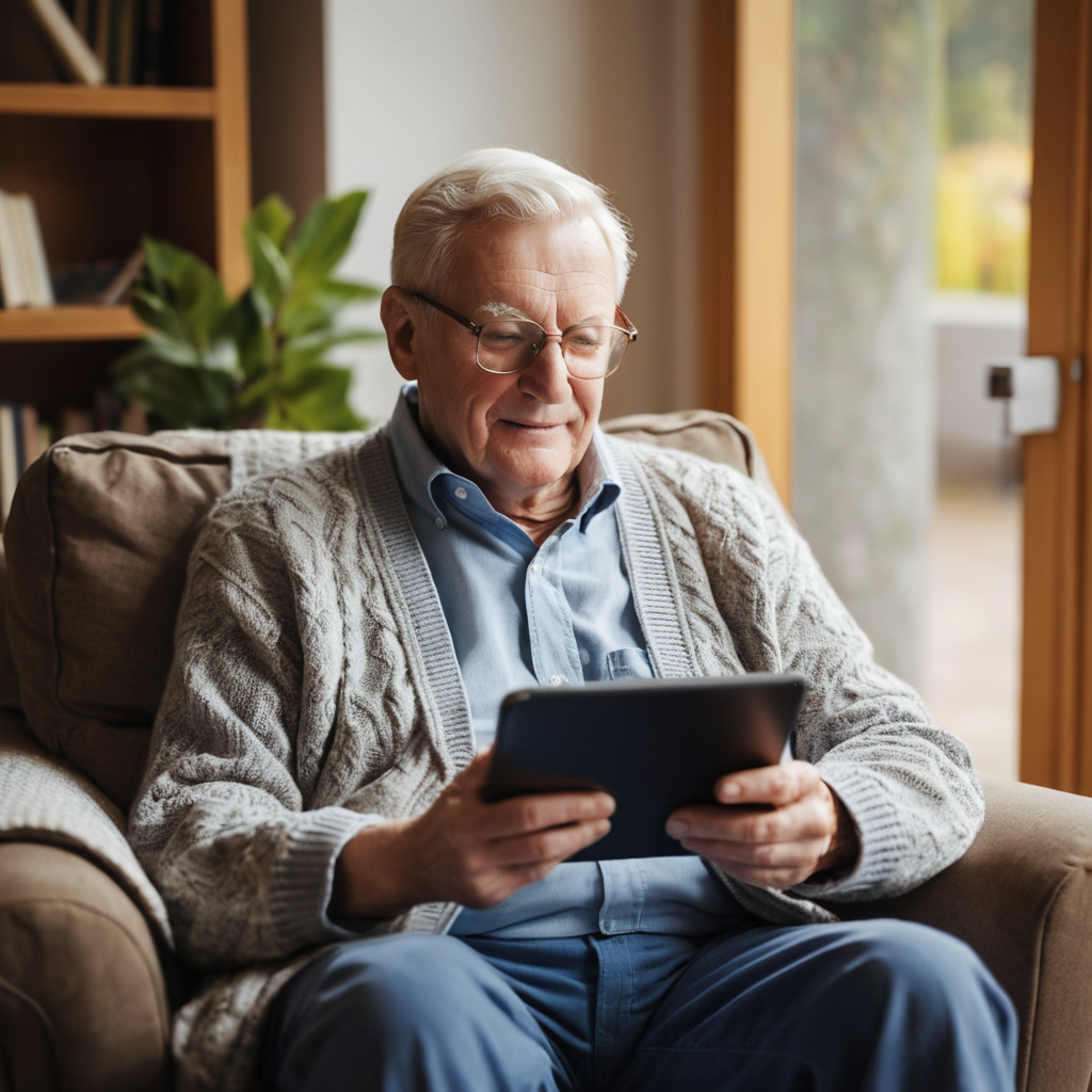 Senior reading an ebook on a tablet at home.