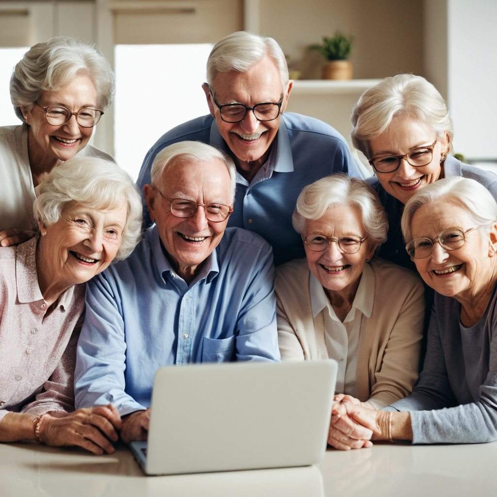 Group of seniors watching a video on a tablet, enjoying a shared moment