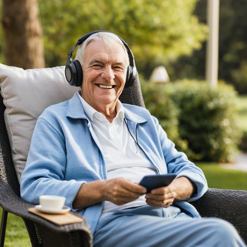 Senior enjoying a podcast, listening with headphones in a peaceful setting.